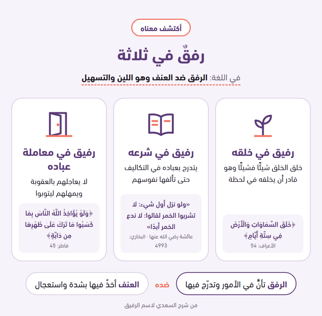 رفق الله في ثلاثة: رفيق في خلقه وفي شرعه وفي معاملة عباده، والرفق تأنٍّ وتدرّج وضده العنف